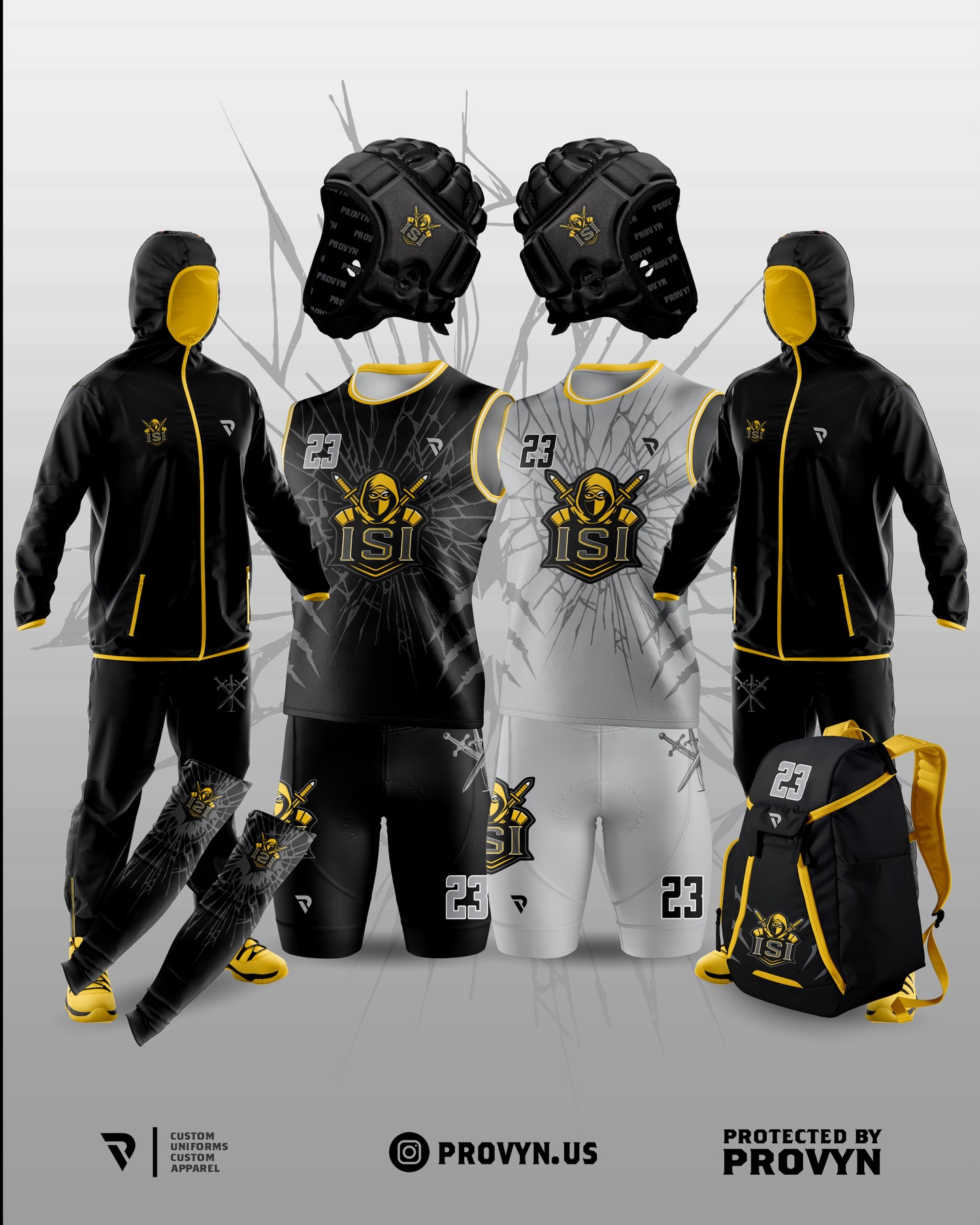 PROVYN ISI 23 package design showing black and grey sleeveless jerseys and shorts, hooded warm-up sets, arm sleeves, backpack and soft-shell headgear
