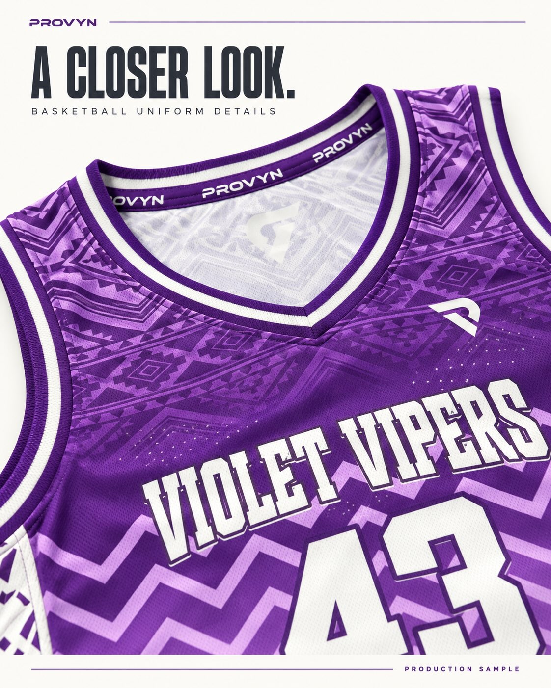 PROVYN Violet Vipers 43 basketball design close-up with geometric artwork and branded neckline